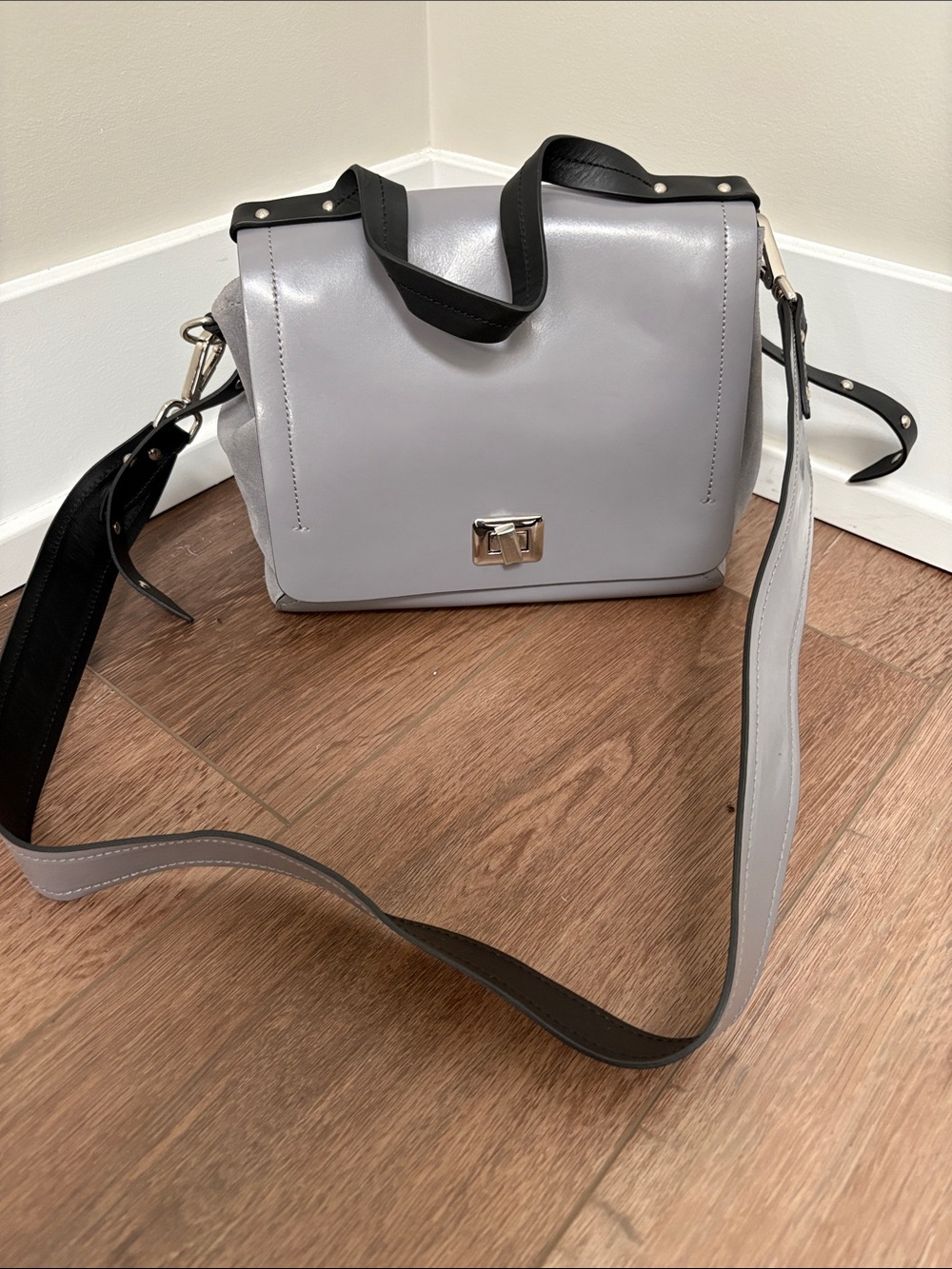 NICOLI Gray Crossbody Bag with Black Strap Accents blue interior Leather Suede